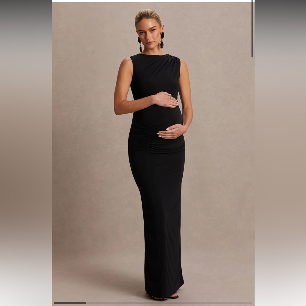 Black Boat-Neck Maternity Maxi Dress With Gathered-Detailing